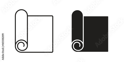 Two simple rolled mat icons: one line art, one solid black. Isolated on white.