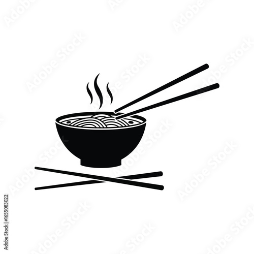 A steaming bowl of noodles with chopsticks on a plain background