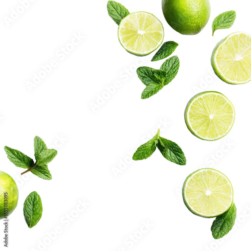Fresh limes and mint leaves on black background, vibrant and refreshing