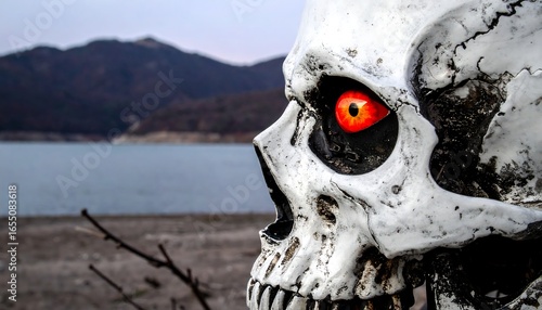 A weathered skull, eye glowing ominously red, gazes out over a serene lake, shrouded in mountains.
