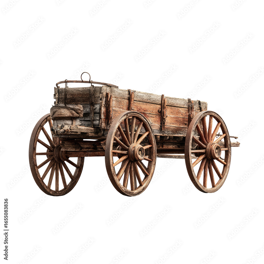 Fototapeta premium Antique wooden wagon, rural setting, sunset background, historical transport, western theme