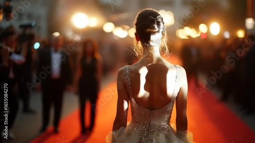 Celebrity on red carpet with paparazzi flashing with camera. Woman with paparazzi. Action. Beautiful woman at fashionable event with paparazzi. Rear view of famous gorgeous woman at event 4k video 