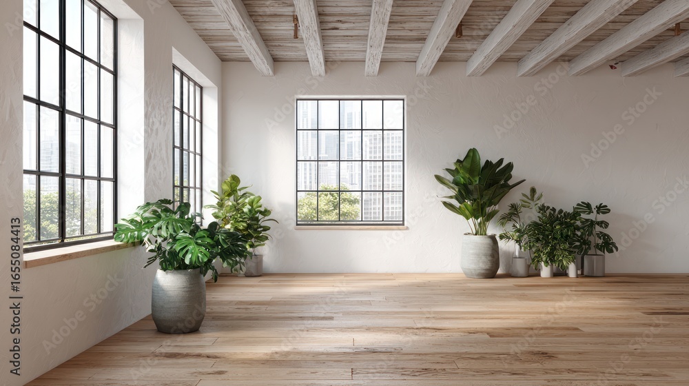 Fototapeta premium Bright, airy loft space with large windows and plants