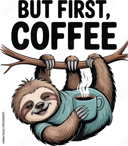 Cute sloth hanging from branch holding coffee cup with steam tree