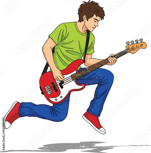 Cartoon bassist jumping, red electric bass, green shirt, blue jeans, red sneakers, PNG, vector, music, performance, energy, pose