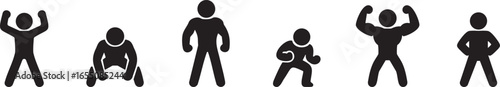 Stickman silhouette icons of bodybuilding poses showing strength, gym training, flexing muscles, and fitness competition concepts
