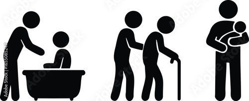 Stickman silhouette icons showing family life with parent caring for child, elderly person with cane, and father holding baby symbol