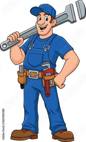 Cartoon plumber character, blue uniform, cap, wrench, tool belt, confident pose, PNG, vector, handyman, repair, service, illustration