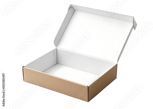 An open cardboard box with a white interior on a plain dark background view
