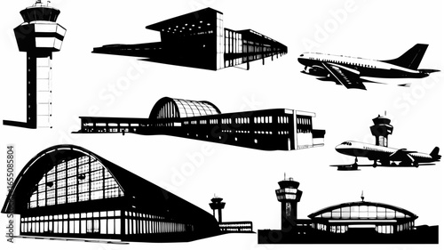 Silhouette illustration of multiple airport buildings control towers and airplanes in various arrangements