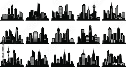 City skyline silhouette grid, sixteen urban designs, skyscrapers, towers, landmarks, architectural diversity, black vector PNG, clipart