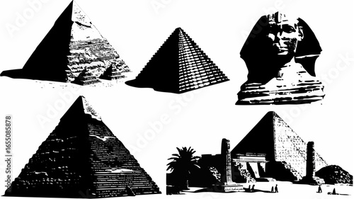 Black and white illustration of egyptian pyramids sphinx and ancient structures in a graphic design layout silhouette