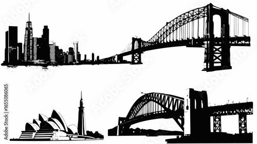 Silhouette illustration showcasing cityscapes with bridges and iconic architectural landmarks in black and white