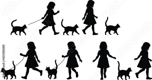Girl and cat silhouette grid, walking, standing, leash poses, black vector PNG, pet clipart, child animal bond, minimalist