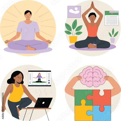 Diverse people practicing yoga meditating and learning online with brain puzzle meditation
