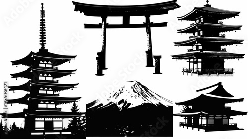 Silhouette illustration of japanese architecture including pagodas torii gates and mount fuji in black and white
