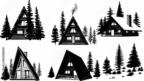 Illustration of various a frame cabins and pine trees in a black and white ink drawing style design silhouette