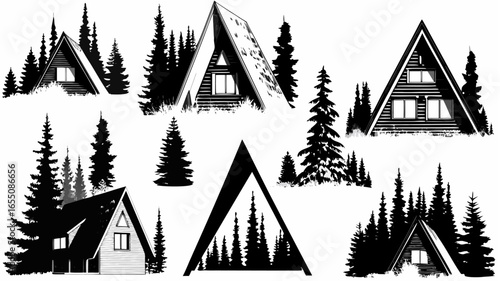 Illustration of a frame style houses and various trees in a black and white color palette design style silhouette