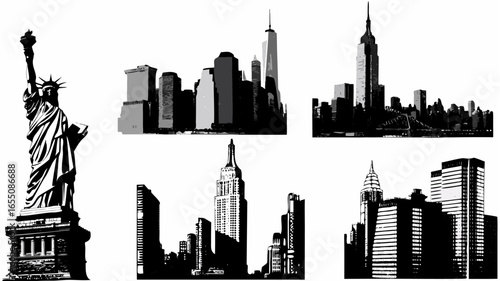 Illustration of new york city skyline featuring the statue of liberty and various skyscrapers in black and white silhouette