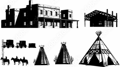 Illustration of a western town with buildings, teepees, horses and carriages in black and white style silhouette