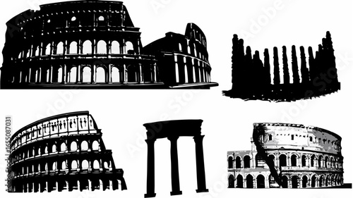 Illustration showing multiple views of the colosseum in rome italy in black and white silhouette style