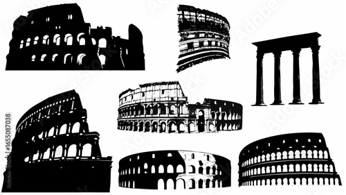 Illustrative depiction of the colosseum and roman temple ruins in black and white silhouette style art