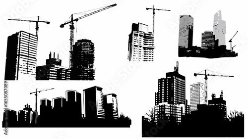 Illustration of multiple city skylines with various buildings and construction cranes in black and white style silhouette