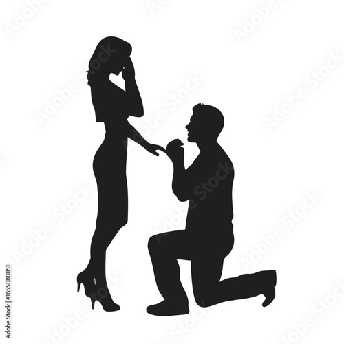 A Romantic Proposal Silhouette Capturing a Man on One Knee Offering an Engagement Ring to an Astonished Woman