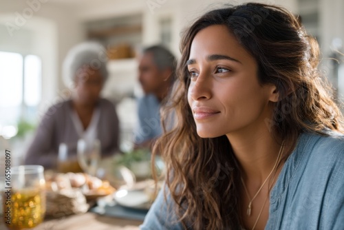 Teen reflecting on family dynamics during a meal in a vibrant Middle-Eastern dining setting