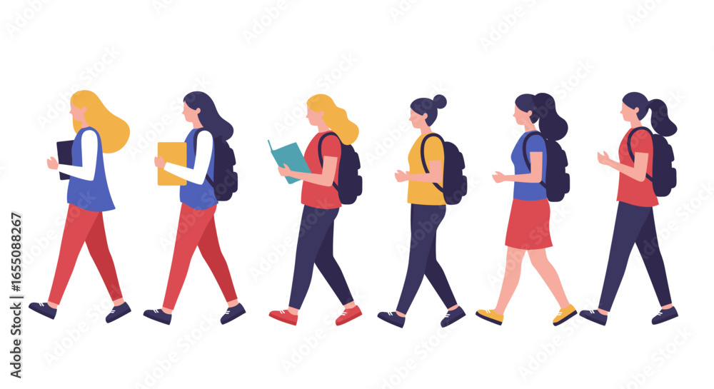 Obraz premium Six cartoon students with backpacks walk in a line