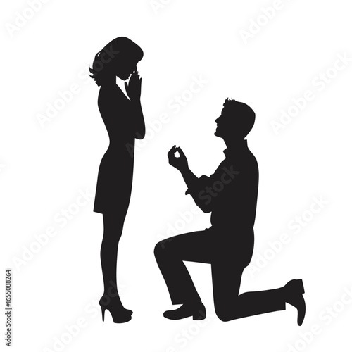 A Romantic Proposal Silhouette Capturing a Man on One Knee Offering an Engagement Ring to an Astonished Woman