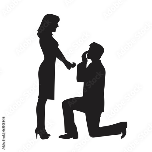 A Romantic Proposal Silhouette Capturing a Man on One Knee Offering an Engagement Ring to an Astonished Woman