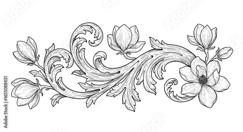 Ornate floral scrollwork with magnolia blooms