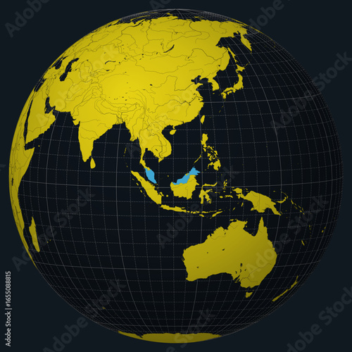 Malaysia on Globe. Country view on the world map in Charcoal Bright Yellow color palette. Malaysia shape on map. Globe with meridians, parallels, countries, rivers and lakes.