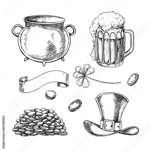Set of illustrations for St. Patrick s Day. Cast-iron pot, clover, hat, coins, and beer. Hand-drawn black and white graphic illustration. For greeting card, packaging, invitations, holiday decor.