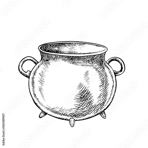 An empty cast-iron cauldron. A hand-drawn vector black-and-white graphic illustration. A conceptual design for St. Patrick s Day, Halloween, and more. For greeting cards, banners and flyers, packaging