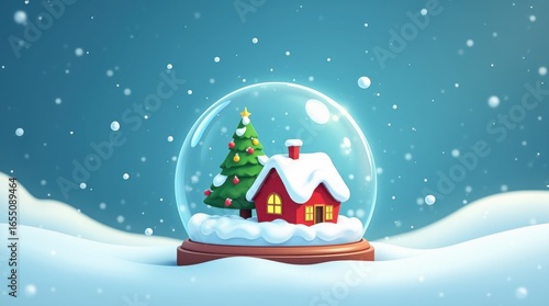 Crystal ball, snowball with snowy Christmas tree and house inside. Animated. Video flat cartoon animation design element 4k