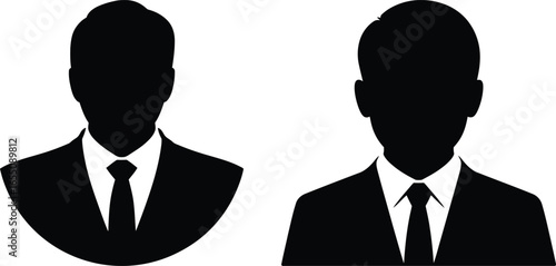 Two black silhouette busts of men in suits and ties