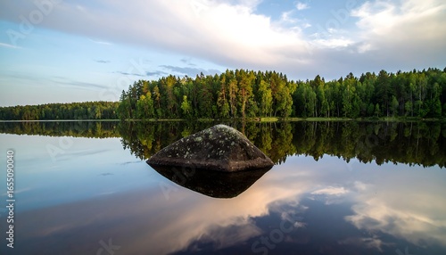 A tranquil lake scene at dawn, showcasing a large rock reflected perfectly in the still water, with lush forest lining the shore.