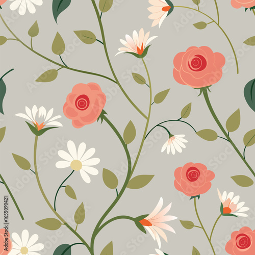 Faded floral vine pattern with roses and daisies
