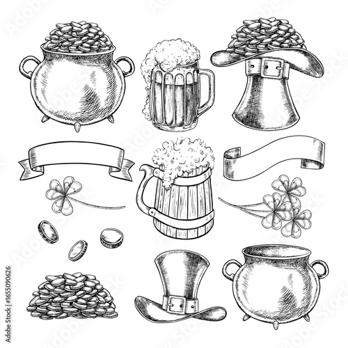 Set of illustrations for St. Patrick s Day. Cauldron, clover, hat, coins, and beer. Hand-drawn black and white graphic illustration. For greeting card, banner, packaging, invitations, holiday decor.