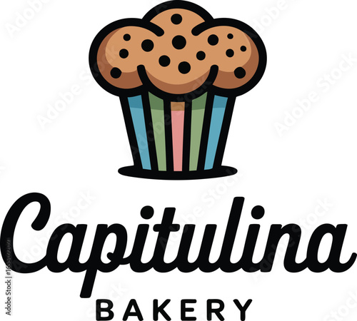 Whimsical Bakery Logo Featuring a Cartoon Muffin Capitulina Bakery a delightful brand that combines playful imagery with a classic bakery feel inviting customers to indulge