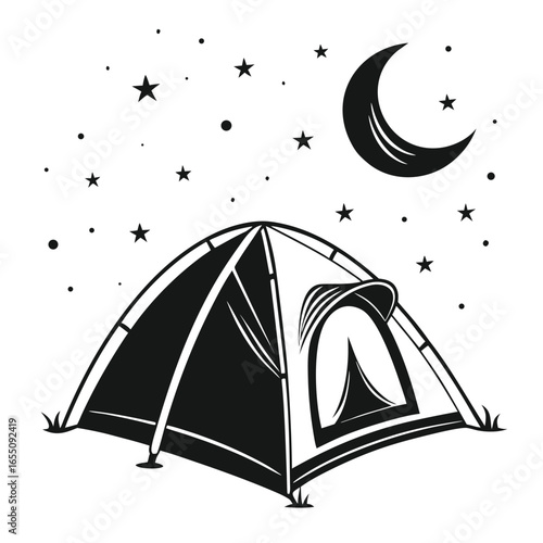Moon and stars over tent silhouette