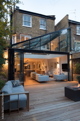 Modern extension to house, glass and steel, open plan living