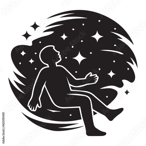 Silhouette of a person floating amongst stars and swirling shapes night sky