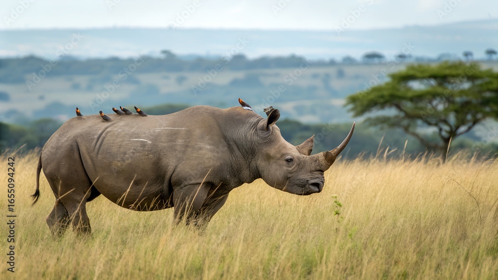 Fototapeta premium frame-a-rhino-with-oxpeckers-cleaning-its-skin-