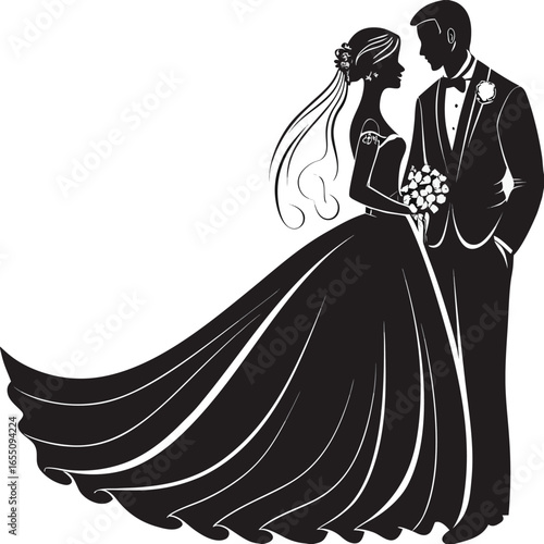 Elegant Wedding Silhouette of Bride and Groom Facing Each Other with Flowers on the Bride's Dress Black and White