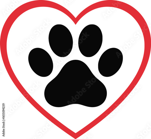 Red Heart Outline Encircling Black Paw Print Vector Graphic love animal