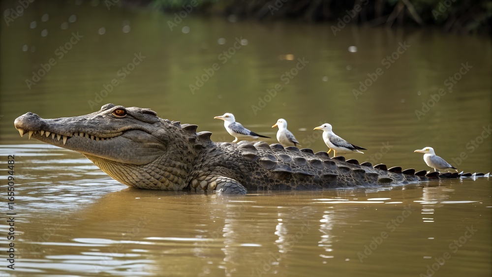 Obraz premium shoot-a-crocodile-with-birds-perched-on-its-back-