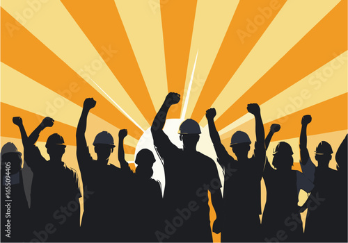 Vector illustration of a workers' protest, a silhouette crowd with raised fists symbolizing labor unity and power.